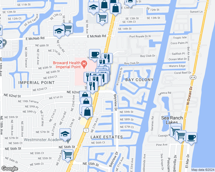 map of restaurants, bars, coffee shops, grocery stores, and more near 6208 North Federal Highway in Fort Lauderdale