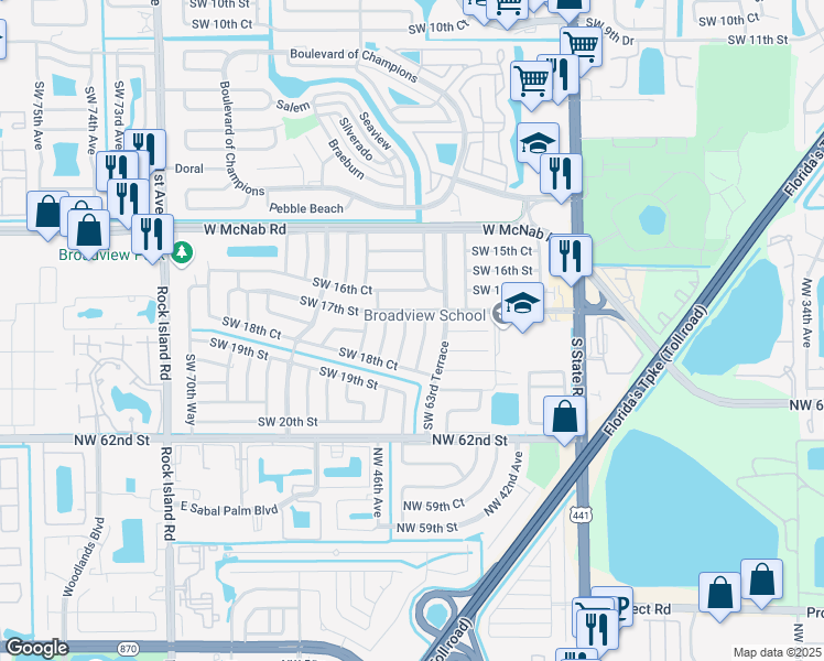 map of restaurants, bars, coffee shops, grocery stores, and more near 1721 Southwest 64th Terrace in North Lauderdale