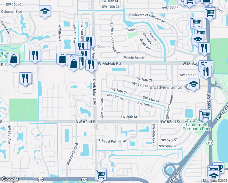 map of restaurants, bars, coffee shops, grocery stores, and more near 6900 Southwest 18th Court in Pompano Beach