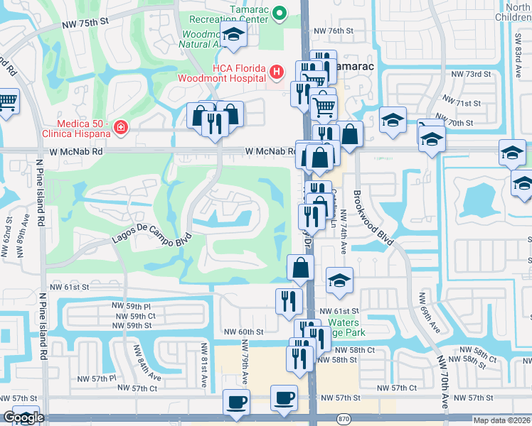 map of restaurants, bars, coffee shops, grocery stores, and more near 7831 South Colony Circle in Tamarac