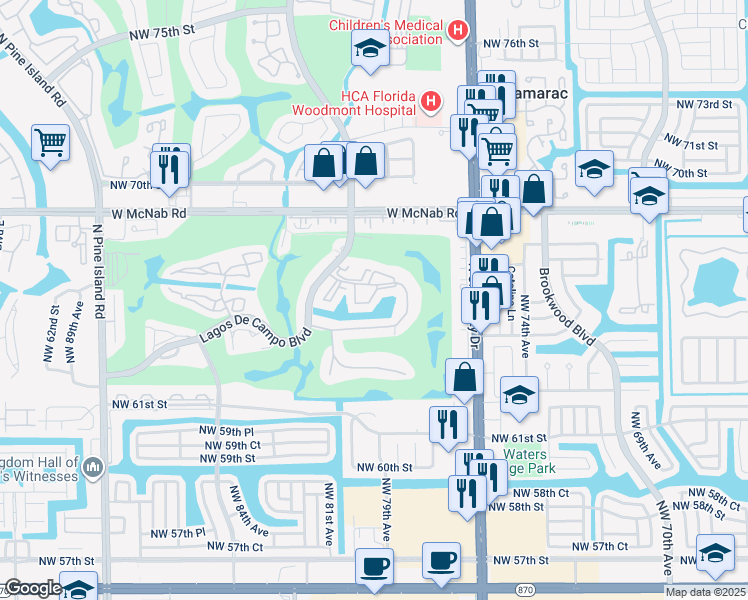 map of restaurants, bars, coffee shops, grocery stores, and more near 7910 North Colony Circle in Tamarac