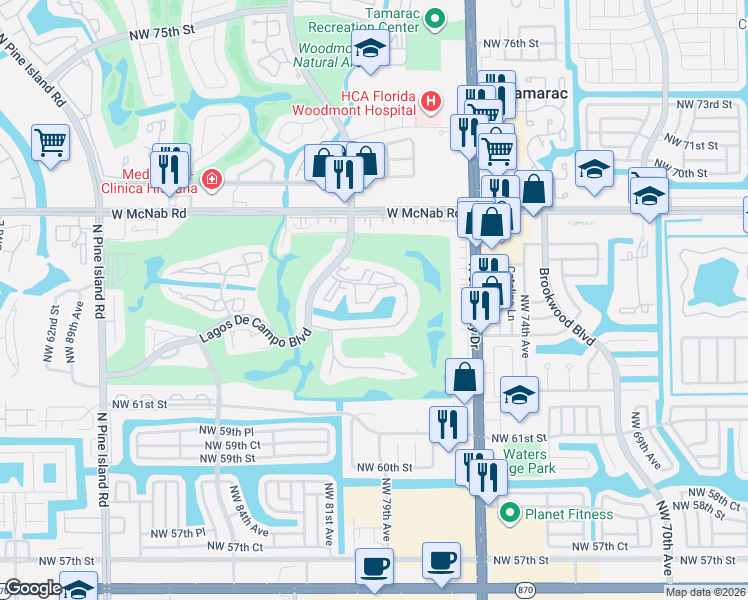 map of restaurants, bars, coffee shops, grocery stores, and more near 7910 North Colony Circle in Tamarac