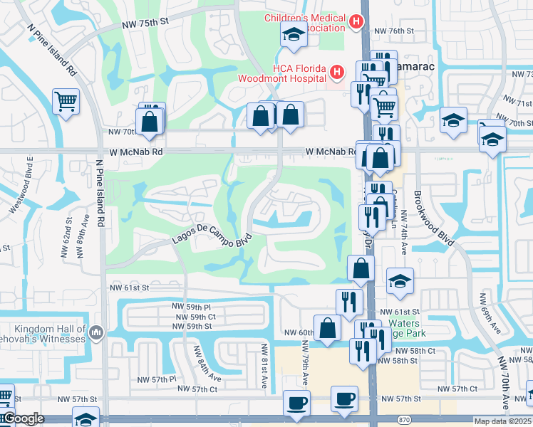 map of restaurants, bars, coffee shops, grocery stores, and more near 8040 North Colony Circle in Tamarac