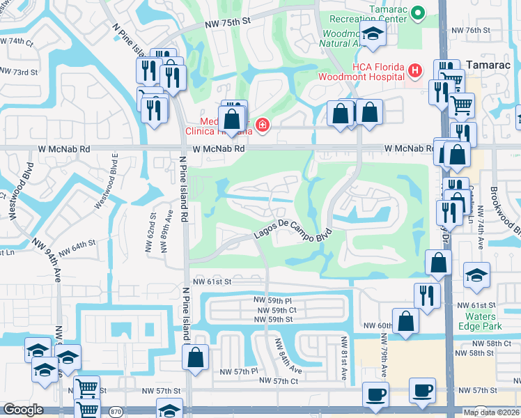 map of restaurants, bars, coffee shops, grocery stores, and more near 8351 Sands Point Boulevard in Tamarac