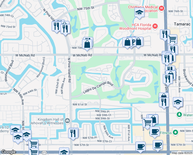 map of restaurants, bars, coffee shops, grocery stores, and more near 8351 Sands Point Boulevard in Tamarac