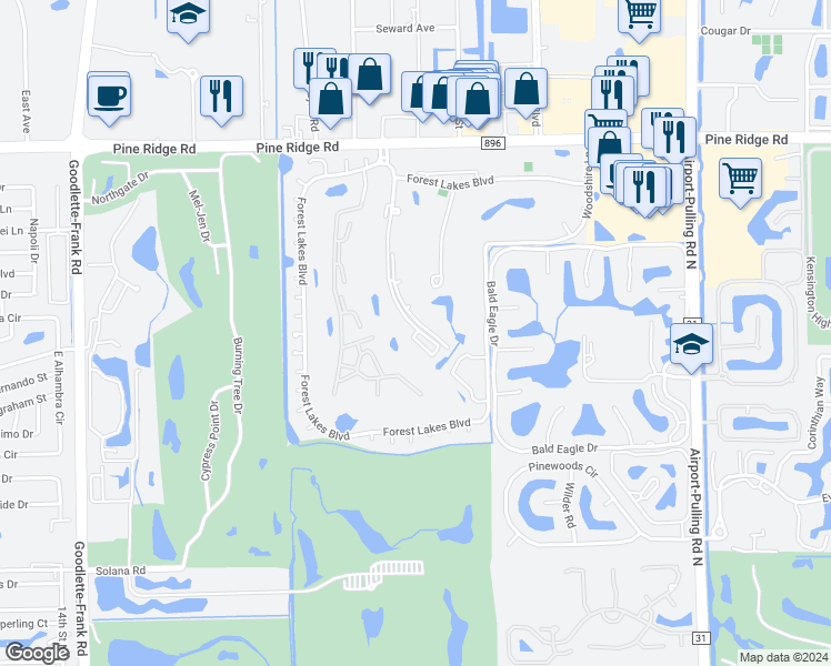 map of restaurants, bars, coffee shops, grocery stores, and more near 480 Quail Forest Boulevard in Naples