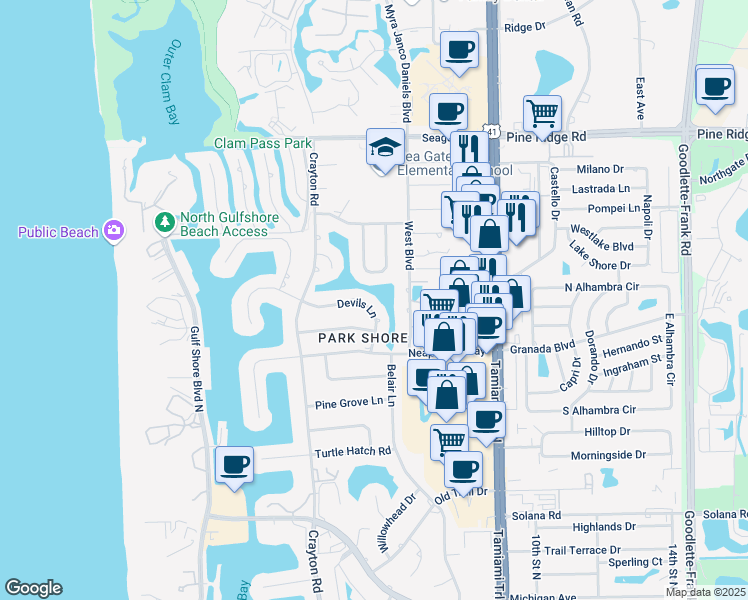 map of restaurants, bars, coffee shops, grocery stores, and more near 527 Devils Lane in Naples