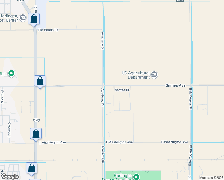 map of restaurants, bars, coffee shops, grocery stores, and more near Grimes Avenue in Harlingen