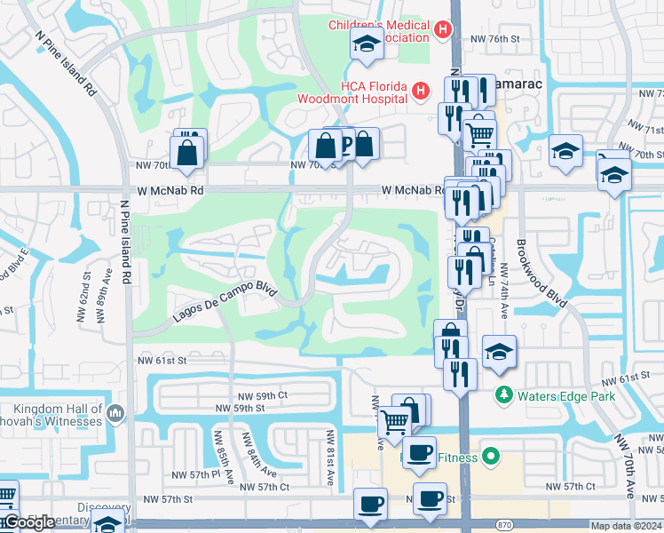 map of restaurants, bars, coffee shops, grocery stores, and more near 8040 North Colony Circle in Tamarac