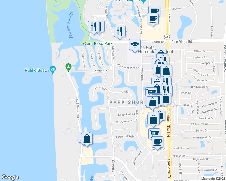 map of restaurants, bars, coffee shops, grocery stores, and more near 437 Devils Lane in Naples
