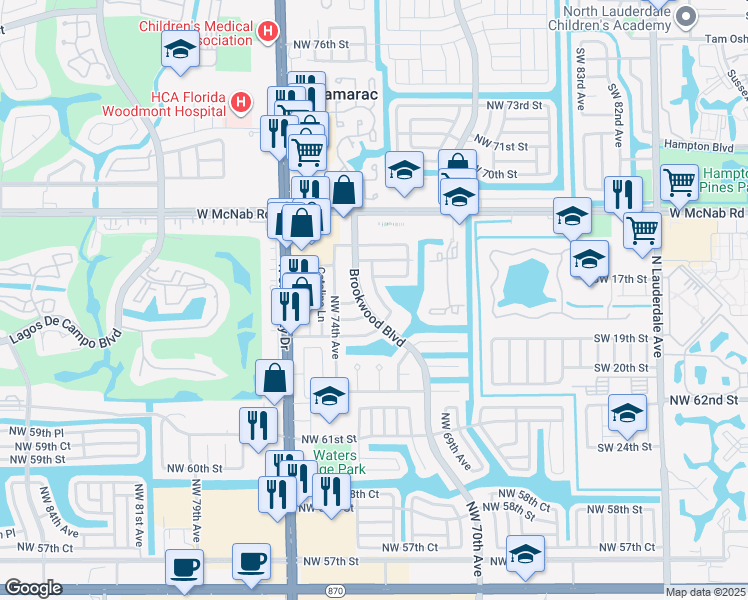 map of restaurants, bars, coffee shops, grocery stores, and more near 6413 Northwest 72nd Avenue in Tamarac