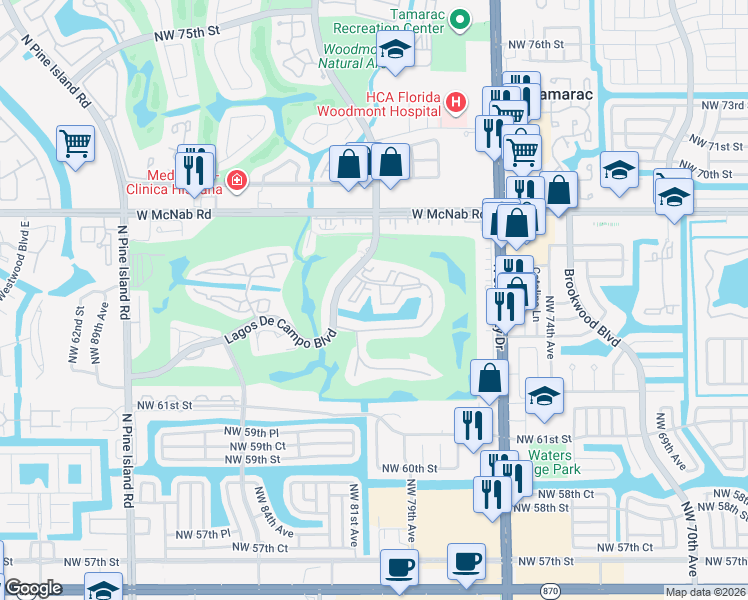 map of restaurants, bars, coffee shops, grocery stores, and more near 10777 W Sample Rd in Tamarac