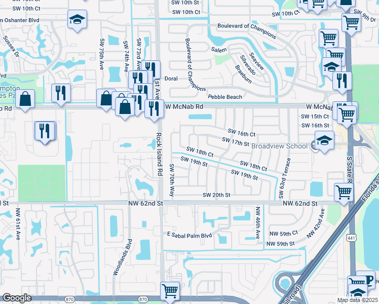 map of restaurants, bars, coffee shops, grocery stores, and more near 6900 Southwest 18th Court in Pompano Beach