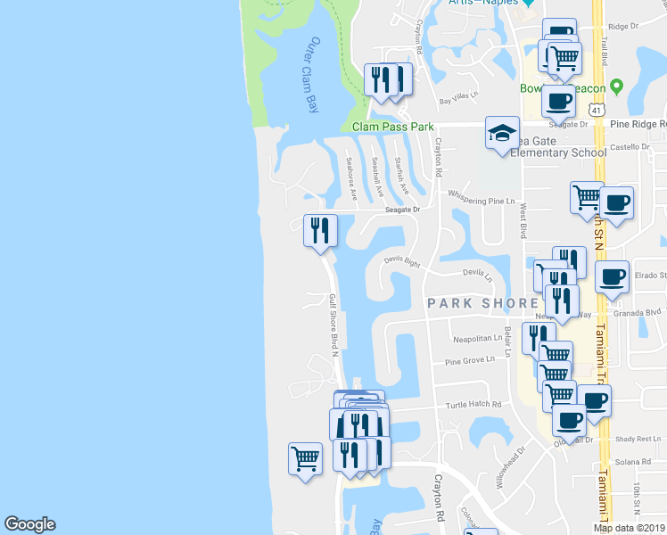 map of restaurants, bars, coffee shops, grocery stores, and more near 62 Gulf Shore Boulevard North in Naples