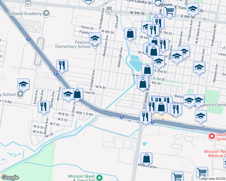 map of restaurants, bars, coffee shops, grocery stores, and more near 611 West A Street in Mission