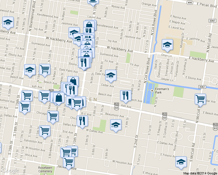 map of restaurants, bars, coffee shops, grocery stores, and more near 613 Cedar Ave in McAllen