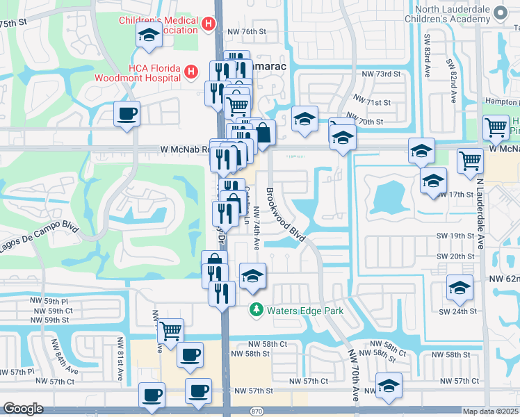 map of restaurants, bars, coffee shops, grocery stores, and more near 7307 Northwest 65th Street in Tamarac