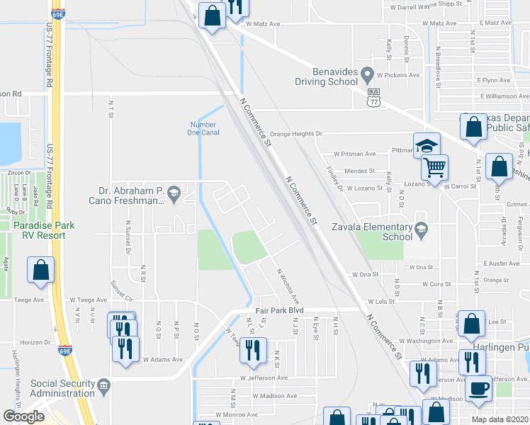 map of restaurants, bars, coffee shops, grocery stores, and more near 1402 North Anadal Street in Harlingen