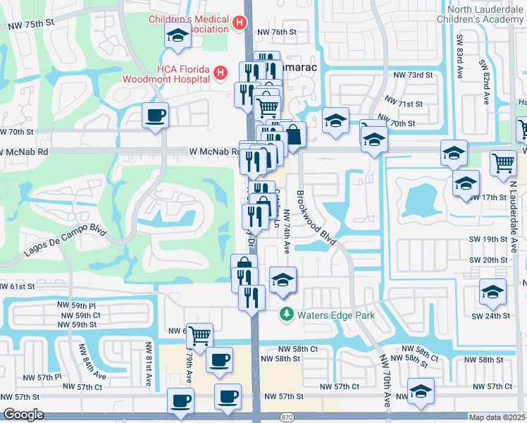 map of restaurants, bars, coffee shops, grocery stores, and more near 6530 North University Drive in Tamarac