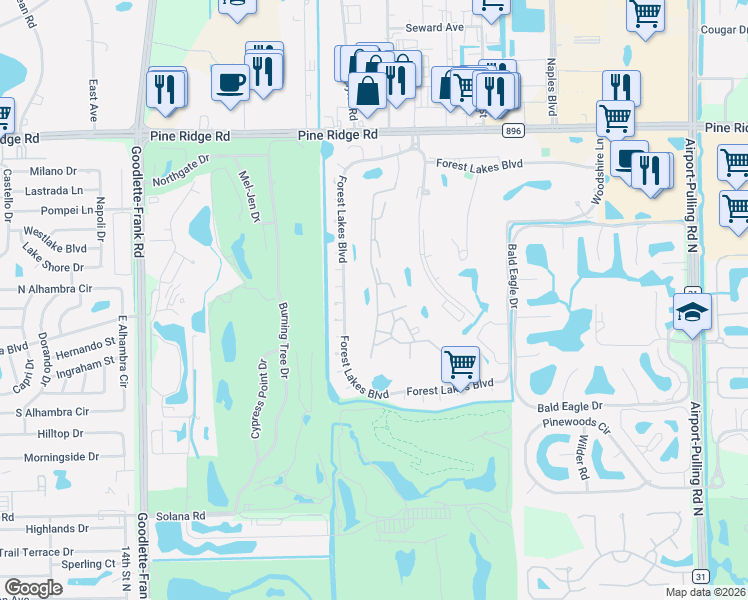 map of restaurants, bars, coffee shops, grocery stores, and more near 1081 Forest Lakes Drive in Naples
