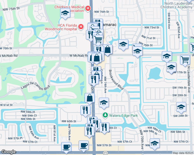 map of restaurants, bars, coffee shops, grocery stores, and more near 6530 North University Drive in Tamarac