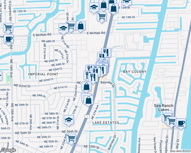 map of restaurants, bars, coffee shops, grocery stores, and more near 6245 North Federal Highway in Fort Lauderdale