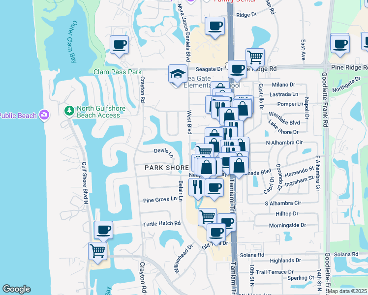 map of restaurants, bars, coffee shops, grocery stores, and more near 4794 West Boulevard in Naples