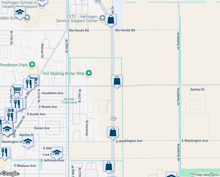 map of restaurants, bars, coffee shops, grocery stores, and more near 3210 Grimes Road in Harlingen