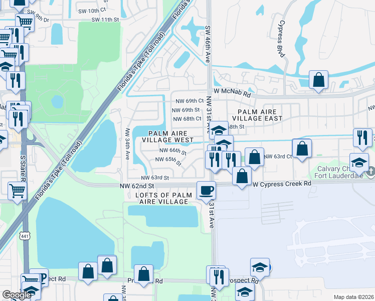 map of restaurants, bars, coffee shops, grocery stores, and more near 3181 Northwest 66th Street in Fort Lauderdale