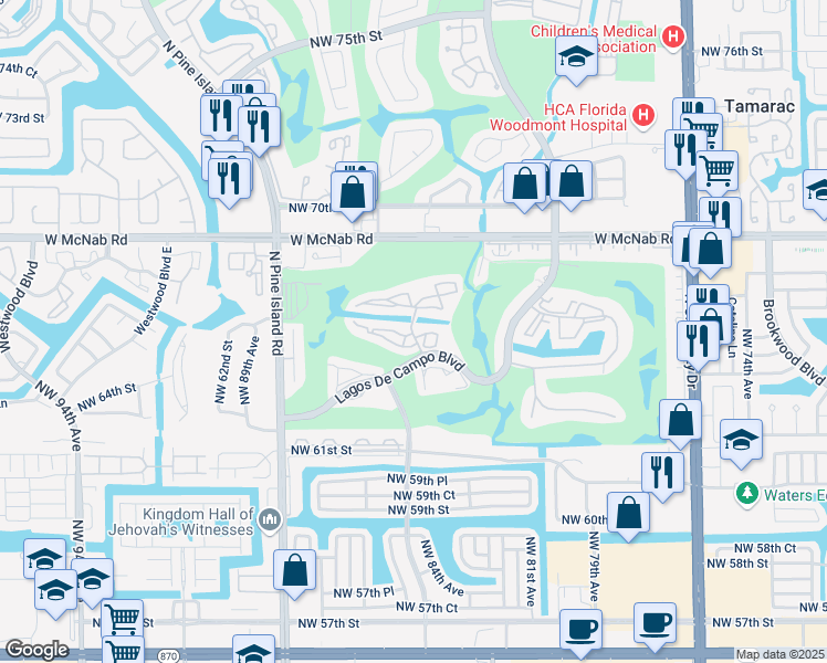 map of restaurants, bars, coffee shops, grocery stores, and more near 8351 Sands Point Boulevard in Tamarac