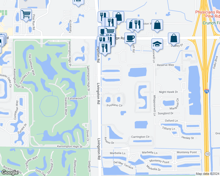 map of restaurants, bars, coffee shops, grocery stores, and more near 12840 Brynwood Way in Naples