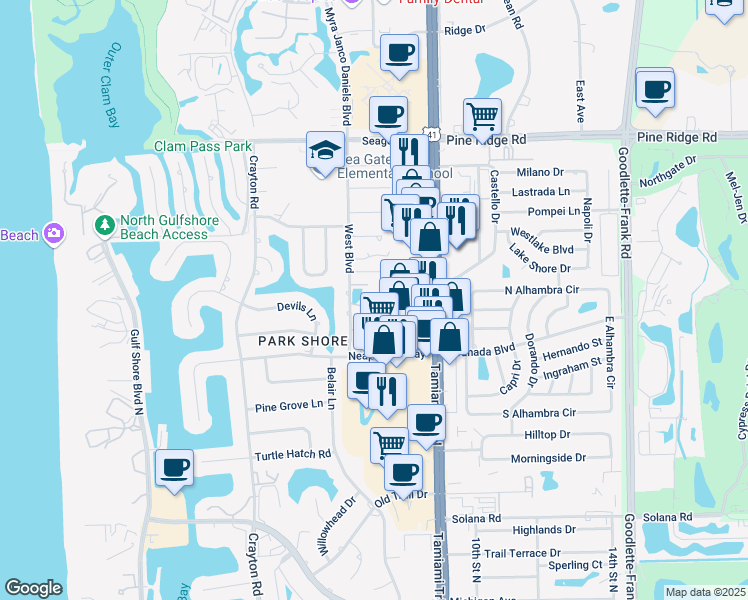 map of restaurants, bars, coffee shops, grocery stores, and more near 4780 West Boulevard in Naples