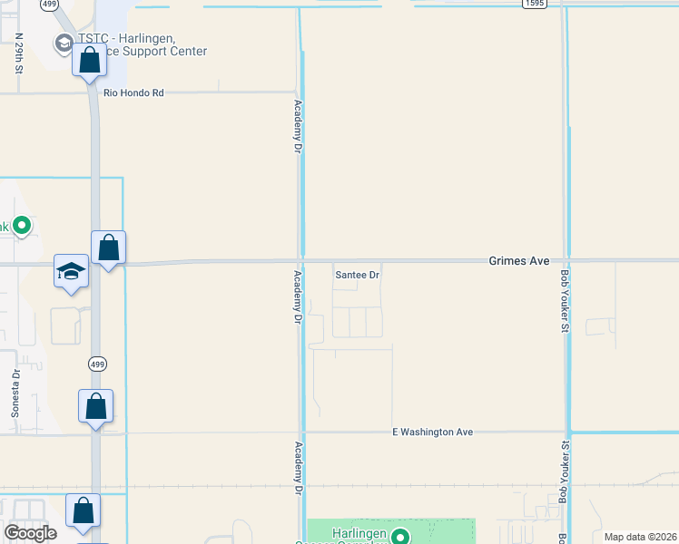 map of restaurants, bars, coffee shops, grocery stores, and more near Grimes Avenue in Harlingen