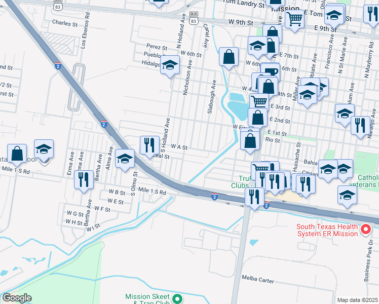 map of restaurants, bars, coffee shops, grocery stores, and more near 701 West A Street in Mission