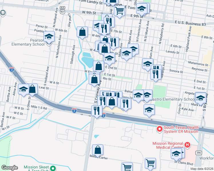 map of restaurants, bars, coffee shops, grocery stores, and more near 119 Mesquite St in Mission