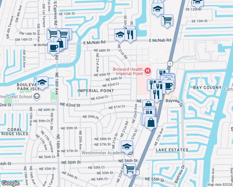 map of restaurants, bars, coffee shops, grocery stores, and more near 2153 Northeast 62nd Court in Fort Lauderdale