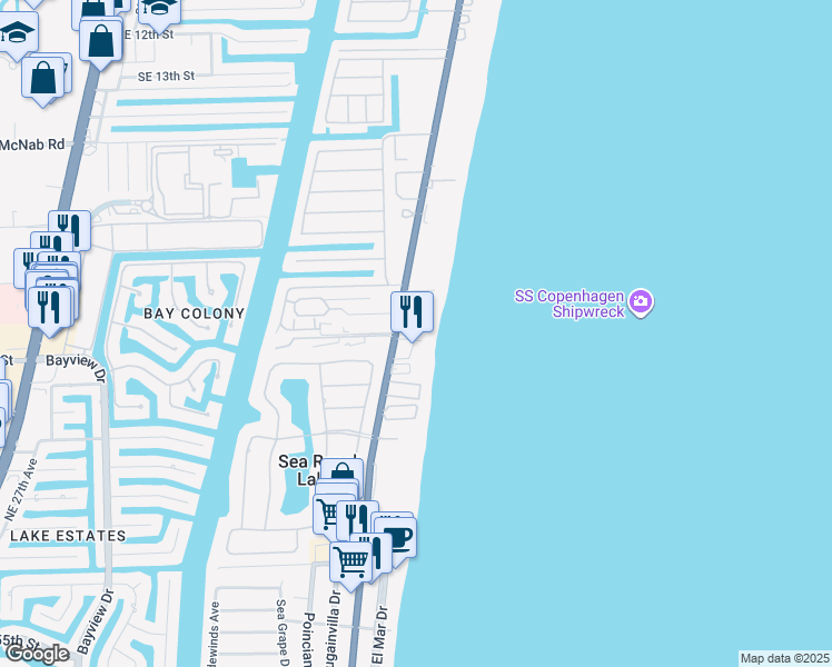 map of restaurants, bars, coffee shops, grocery stores, and more near 2000 South Ocean Boulevard in Pompano Beach