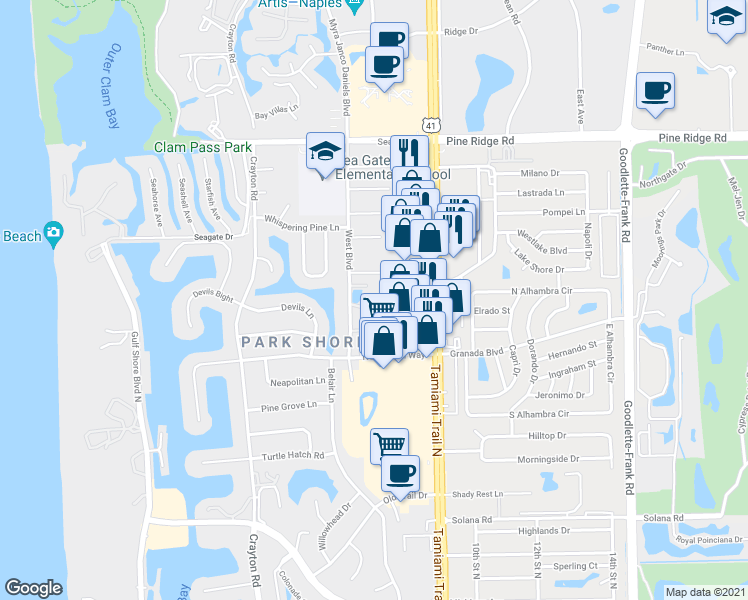 map of restaurants, bars, coffee shops, grocery stores, and more near 4794 West Boulevard in Naples