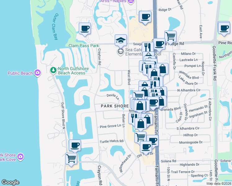 map of restaurants, bars, coffee shops, grocery stores, and more near 527 Devils Lane in Naples