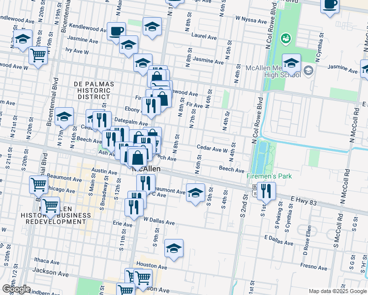 map of restaurants, bars, coffee shops, grocery stores, and more near 613 Cedar Avenue in McAllen