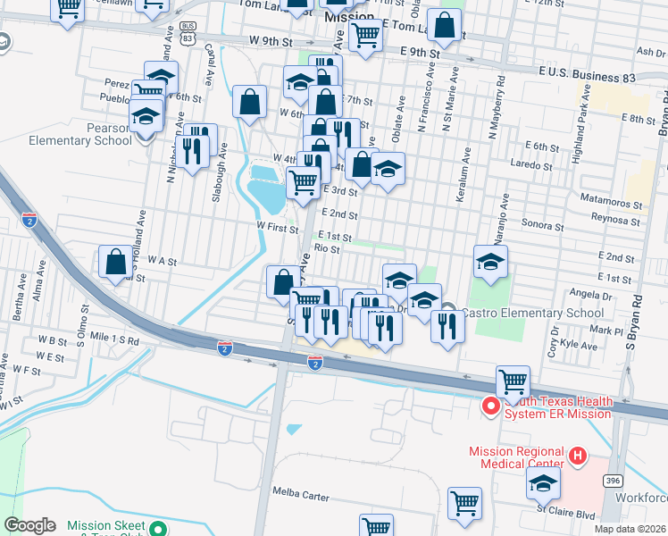 map of restaurants, bars, coffee shops, grocery stores, and more near 119 Mesquite Street in Mission