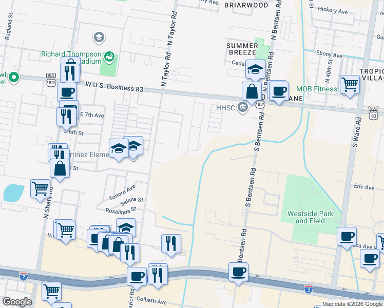 map of restaurants, bars, coffee shops, grocery stores, and more near 4829 Erie Avenue in McAllen