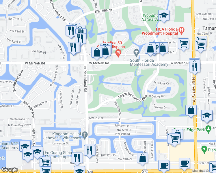 map of restaurants, bars, coffee shops, grocery stores, and more near 8320 Sands Point Boulevard in Tamarac