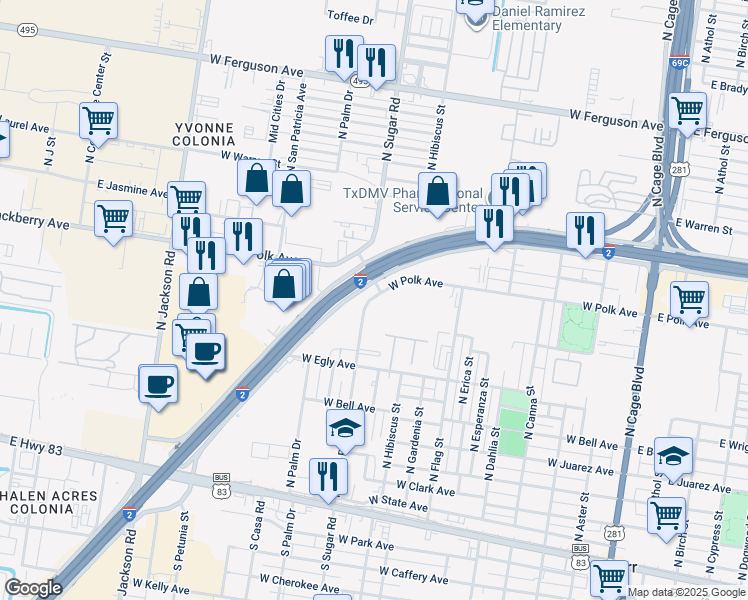map of restaurants, bars, coffee shops, grocery stores, and more near 1161 Interstate 2 in Pharr