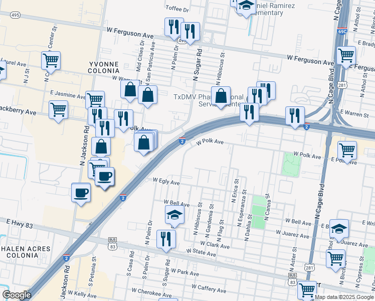 map of restaurants, bars, coffee shops, grocery stores, and more near 1161 Interstate 2 in Pharr