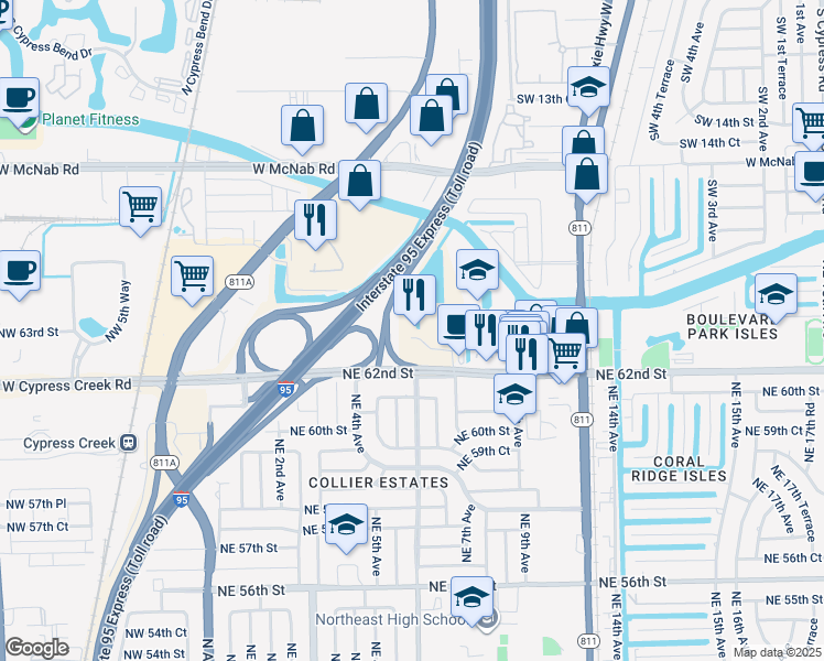 map of restaurants, bars, coffee shops, grocery stores, and more near 400 Corporate Drive in Fort Lauderdale
