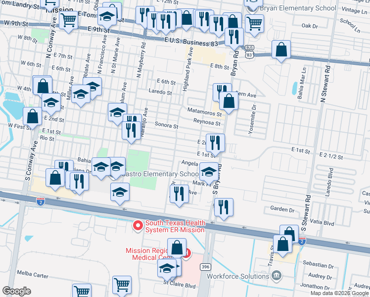 map of restaurants, bars, coffee shops, grocery stores, and more near 1215 East 1st Street in Mission