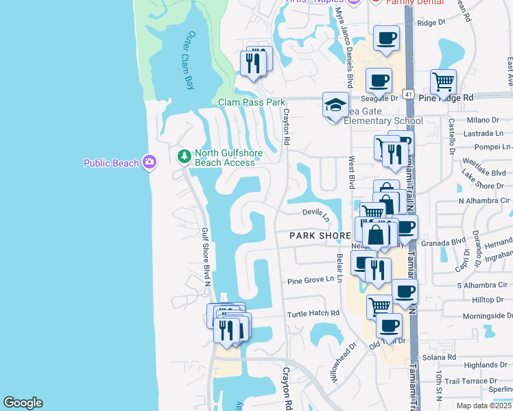 map of restaurants, bars, coffee shops, grocery stores, and more near 350 Devils Bight in Naples