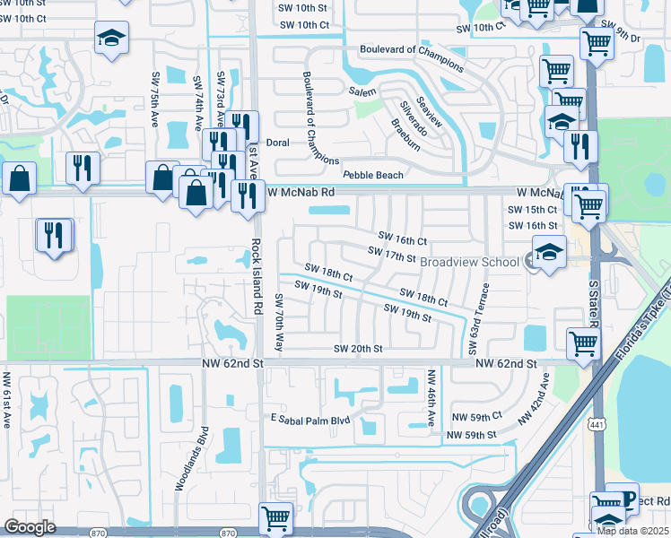 map of restaurants, bars, coffee shops, grocery stores, and more near 6900 Southwest 18th Court in Pompano Beach