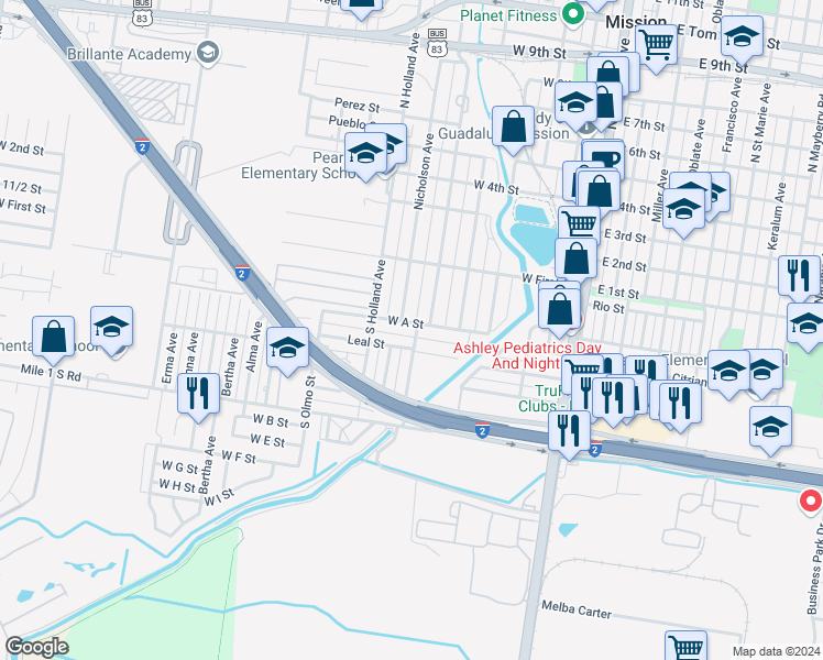 map of restaurants, bars, coffee shops, grocery stores, and more near 701 West A Street in Mission